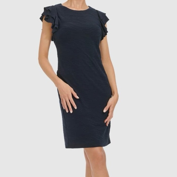 Tommy Hilfiger Flutter Sleeve Textured Jersey Mini Dress Sz 8 Navy Contemporary - Picture 1 of 16